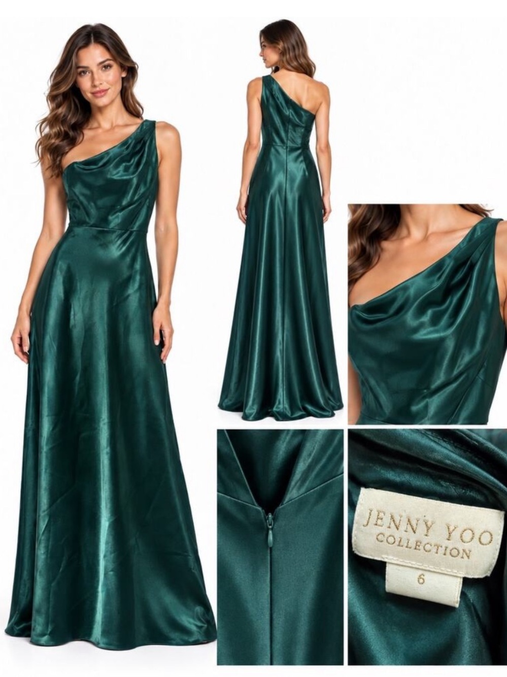 Jenny Yoo Lena Satin One-Shoulder Emerald Gown